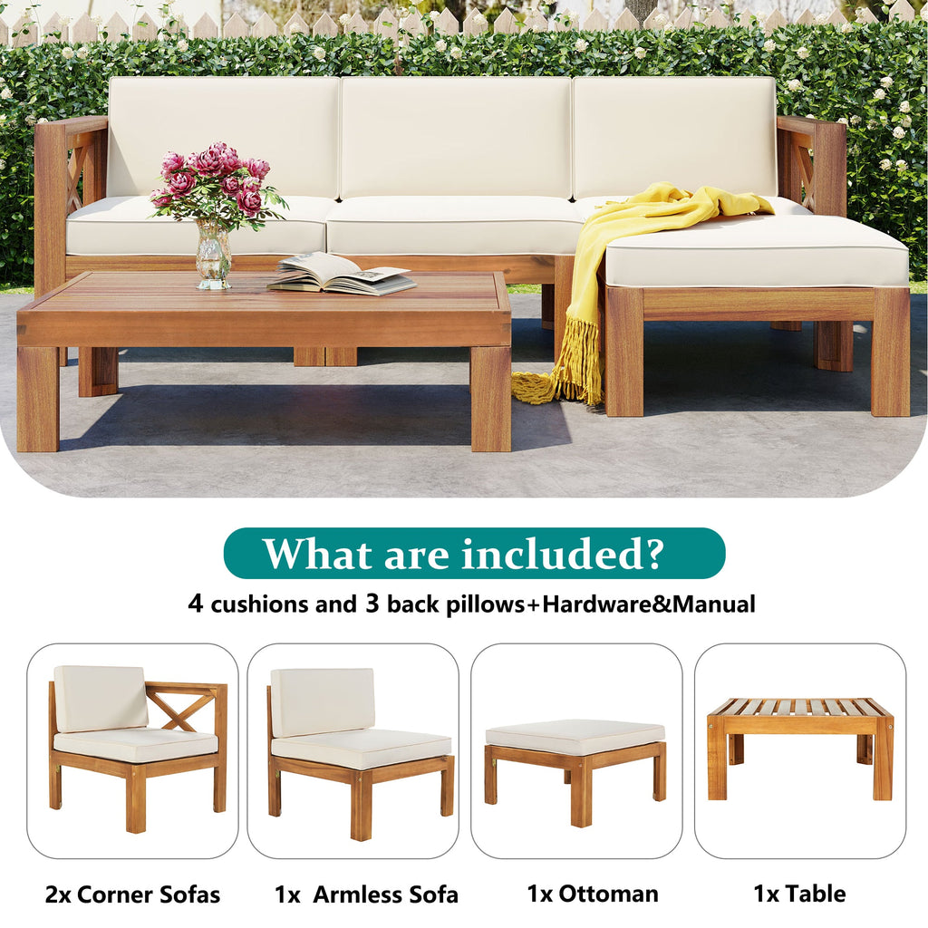 Outdoor Patio Sectional Set Acacia Wood Natural Beige Cushions 5 Piece