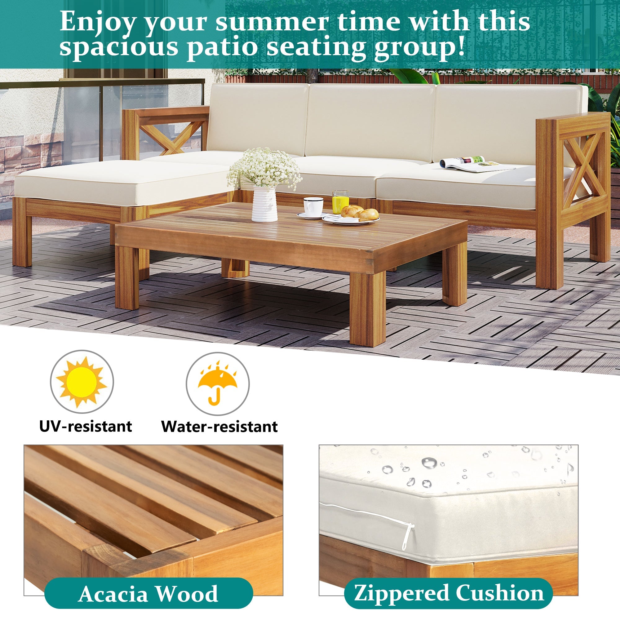 Outdoor Patio Sectional Set Acacia Wood Natural Beige Cushions 5 Piece