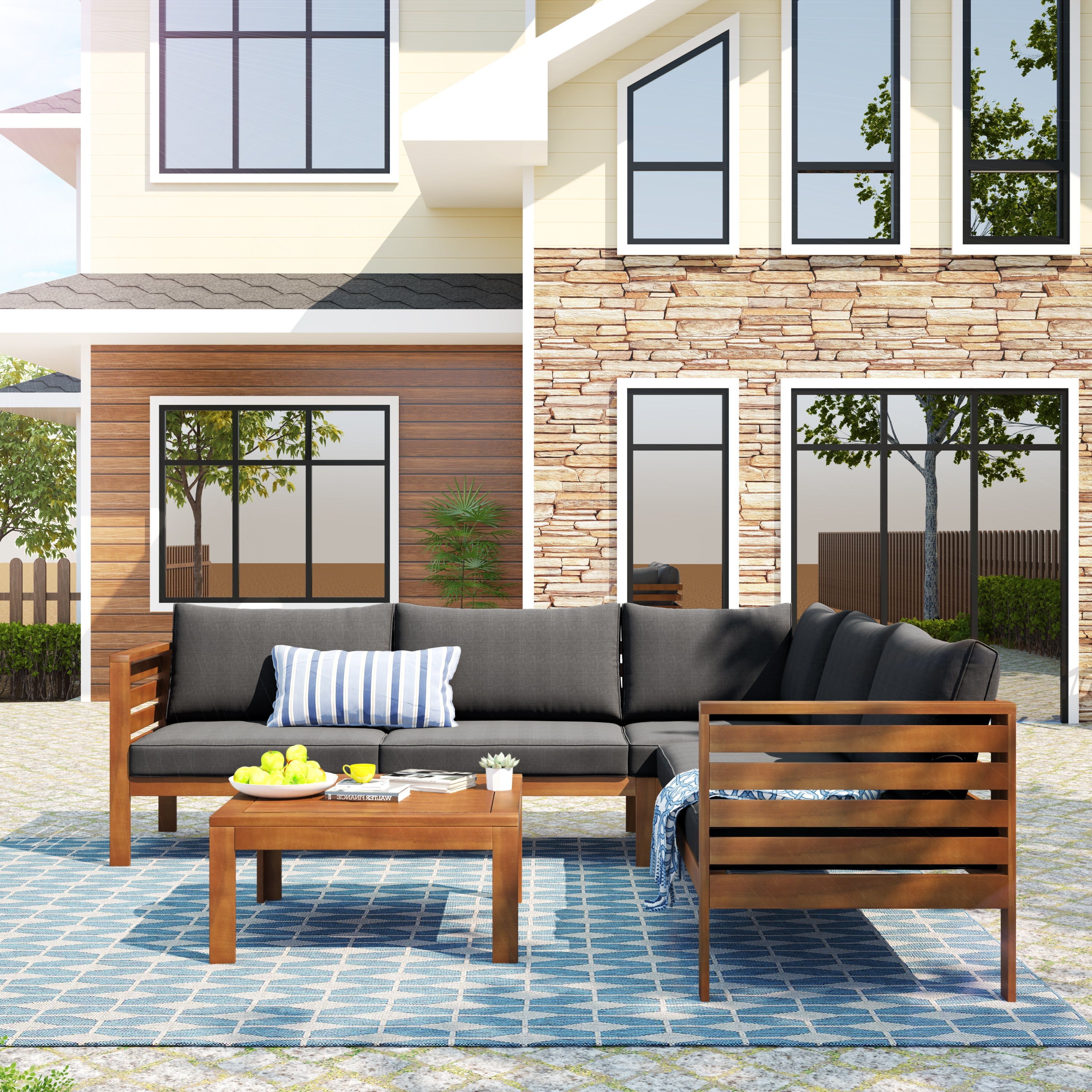 Outdoor Sofa Set Acacia Wood Gray Sectional Japanese Style Water-Resistant