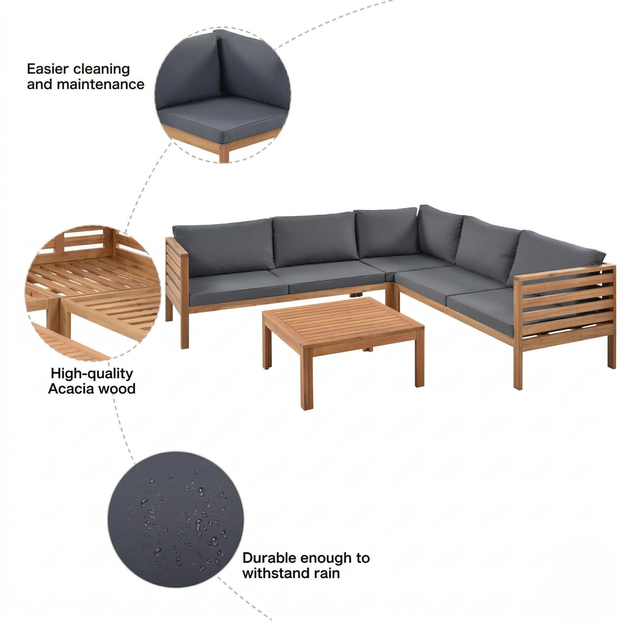 Outdoor Sofa Set Acacia Wood Gray Sectional Japanese Style Water-Resistant