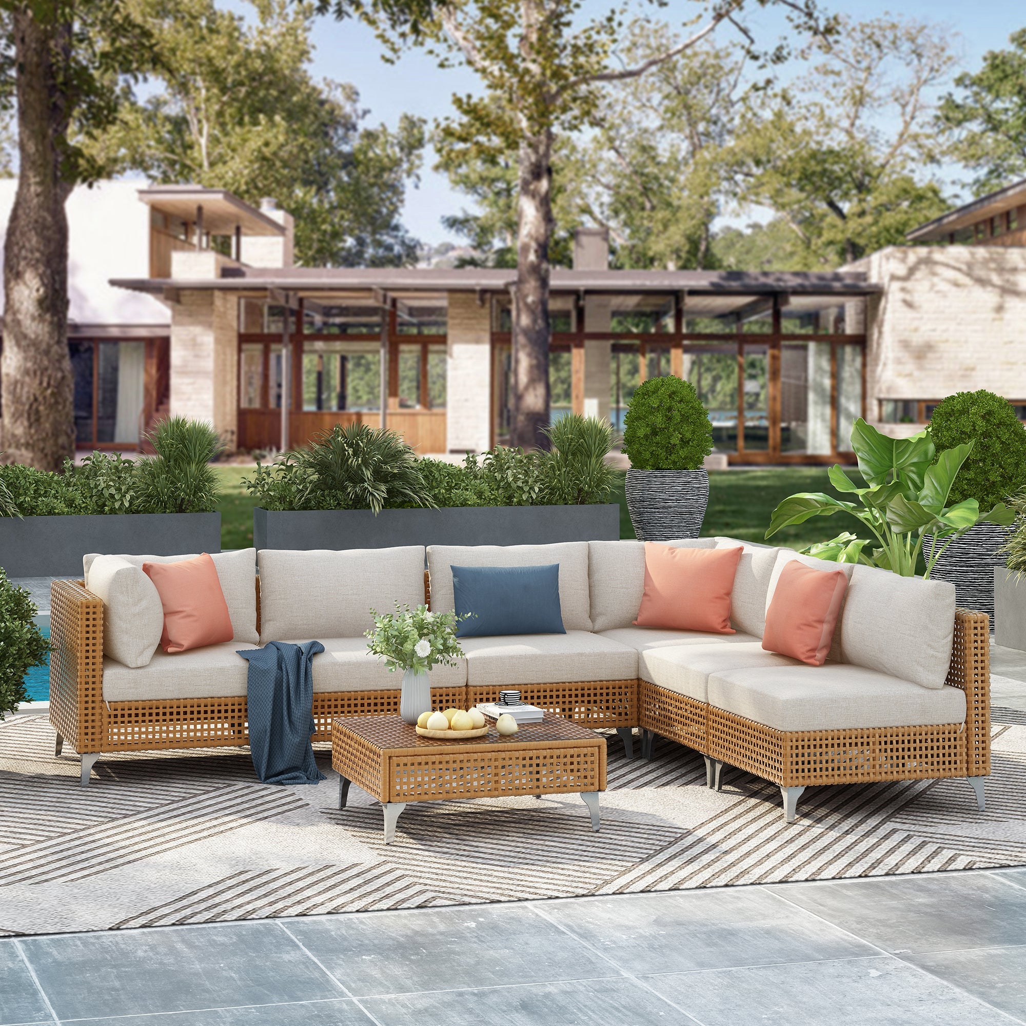 Outdoor Patio Sectional Set Rattan Metal Beige 7 Piece Tempered Glass