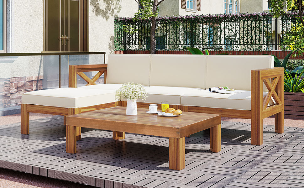 Outdoor Patio Sectional Set Acacia Wood Natural Beige Cushions 5 Piece