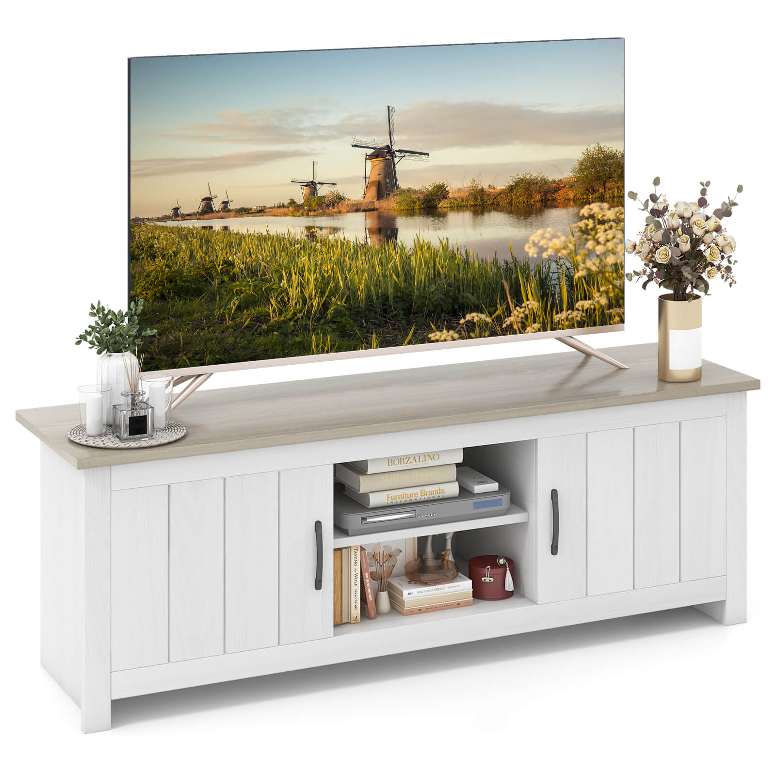TV Stand with 2 Cabinets and Open Shelves for TVs up to 65 Inch
