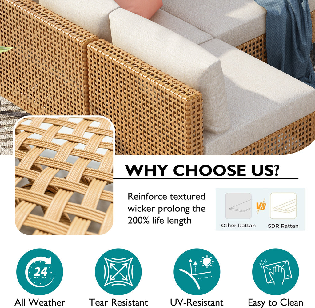 Outdoor Patio Sectional Set Rattan Metal Beige 7 Piece Tempered Glass
