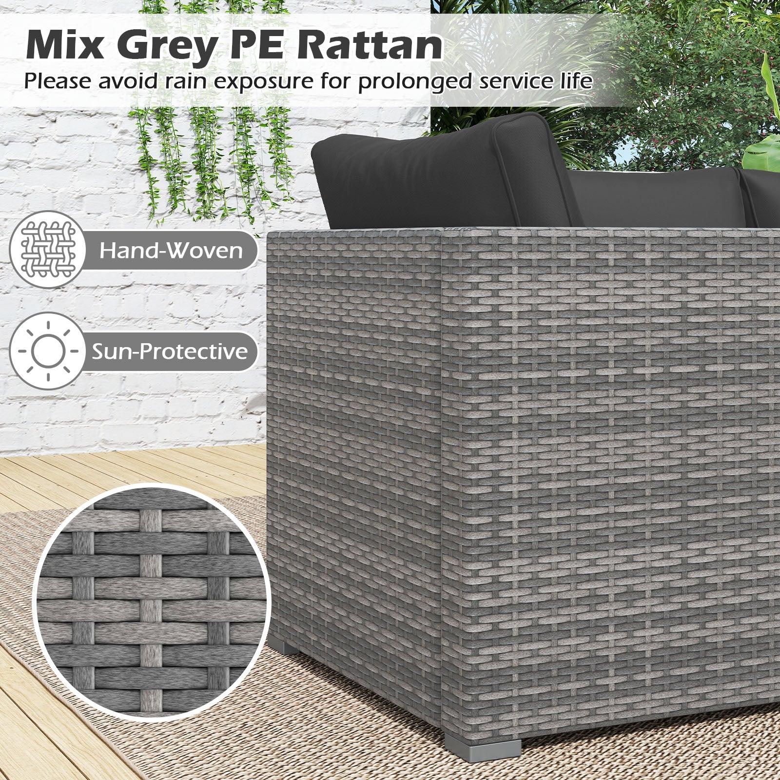 3 Pieces Patio Sectional Sofa Set PE Rattan Modular Couch Furniture Set with Soft Cushions