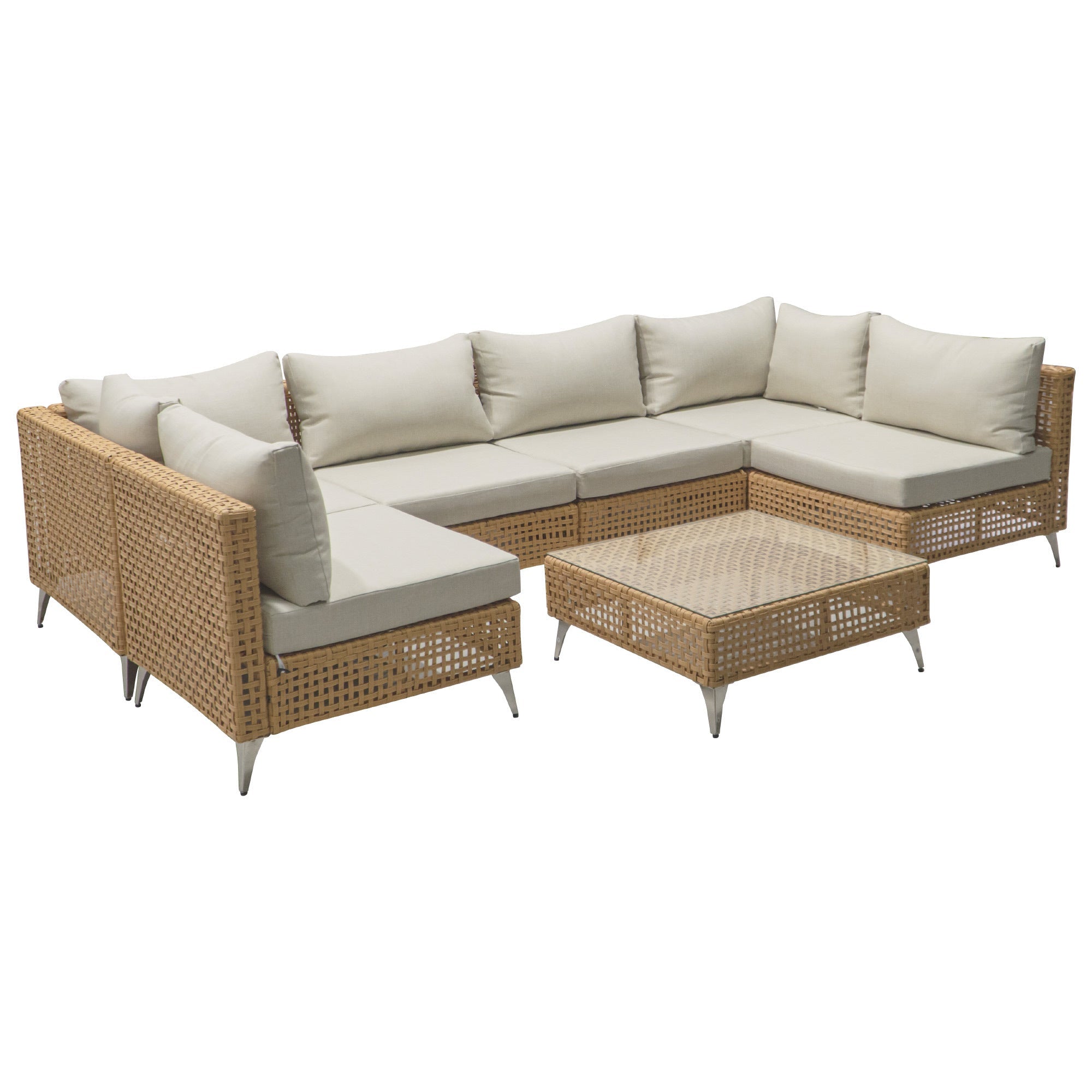 Outdoor Patio Sectional Set Rattan Metal Beige 7 Piece Tempered Glass