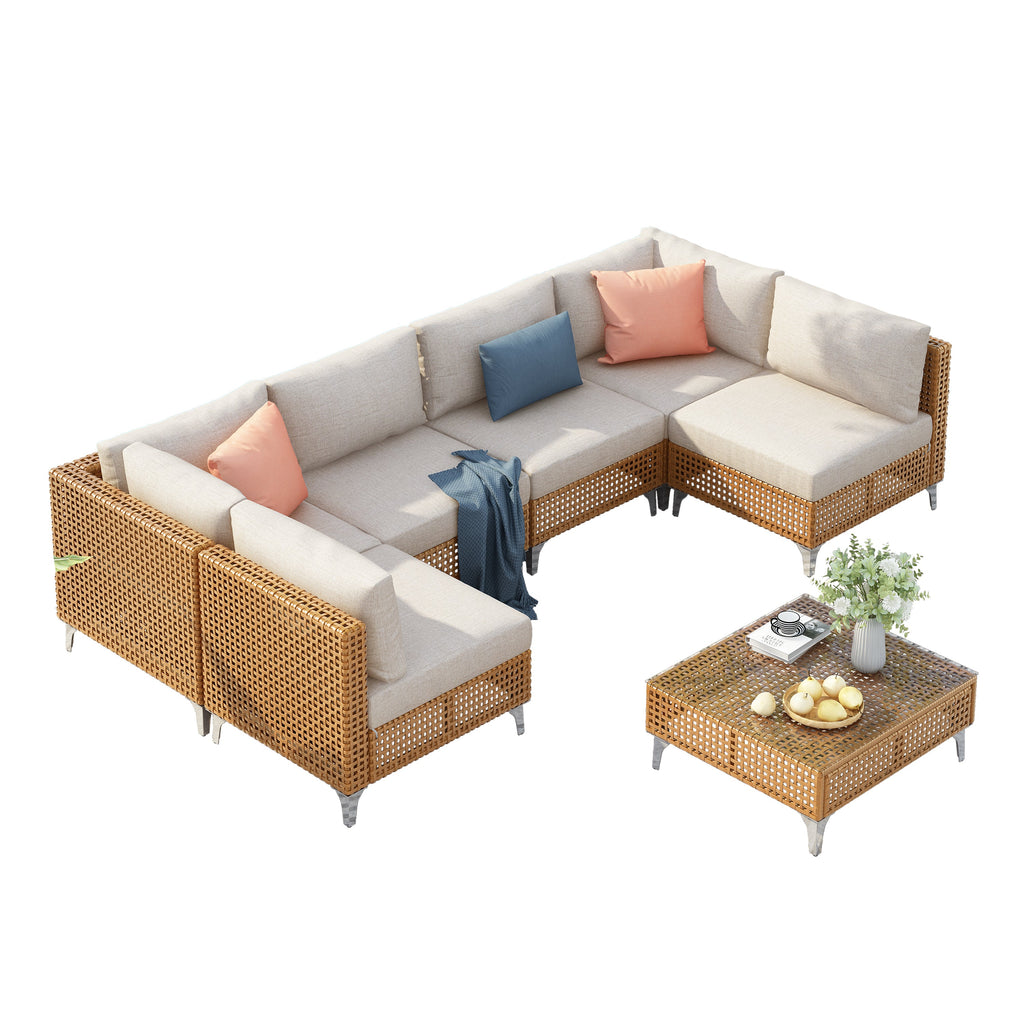 Outdoor Patio Sectional Set Rattan Metal Beige 7 Piece Tempered Glass