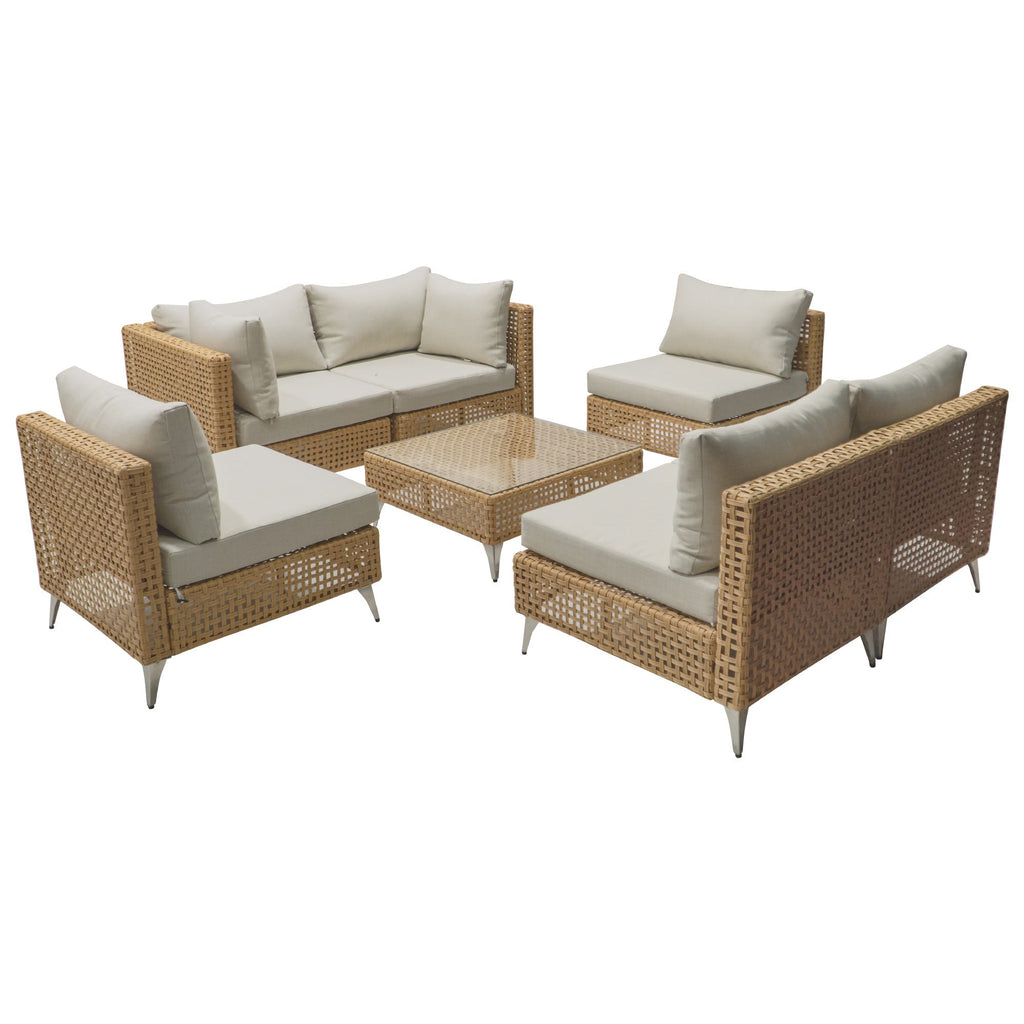 Outdoor Patio Sectional Set Rattan Metal Beige 7 Piece Tempered Glass