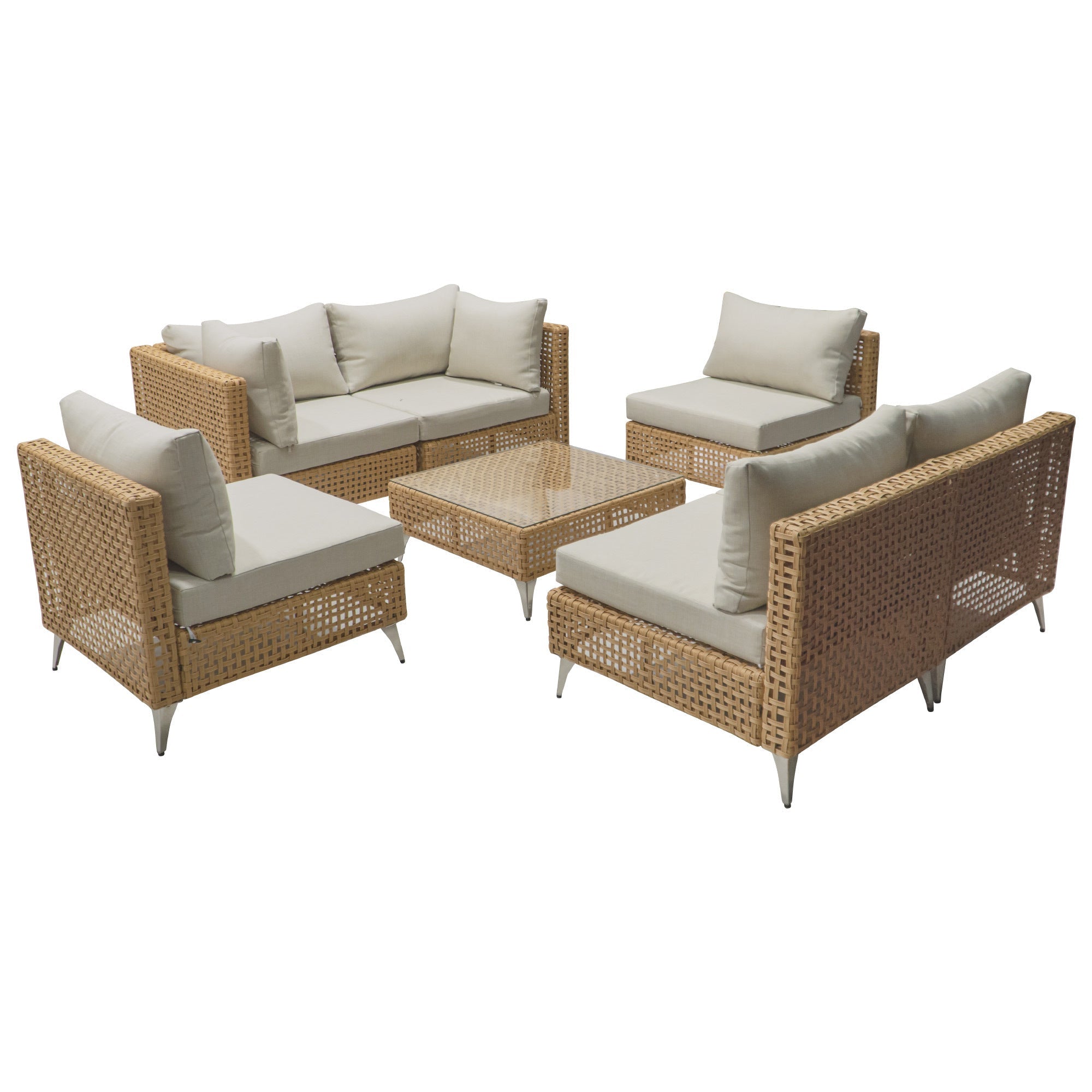 Outdoor Patio Sectional Set Rattan Metal Beige 7 Piece Tempered Glass