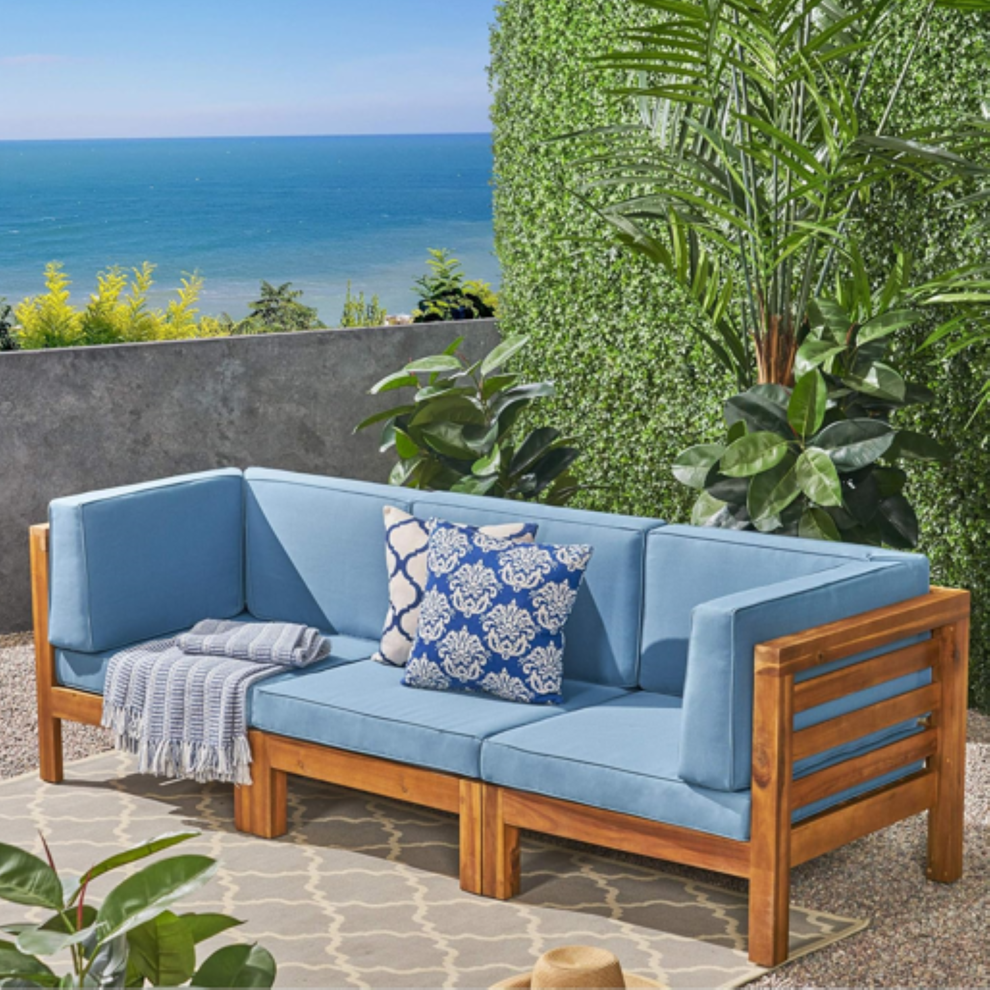 Outdoor Sectional Sofa Set Acacia Wood Blue Cushions 3 Piece