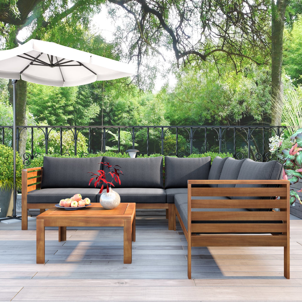 Outdoor Sofa Set Acacia Wood Gray Sectional Japanese Style Water-Resistant