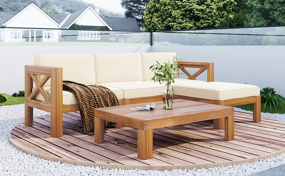 Outdoor Patio Sectional Set Acacia Wood Natural Beige Cushions 5 Piece