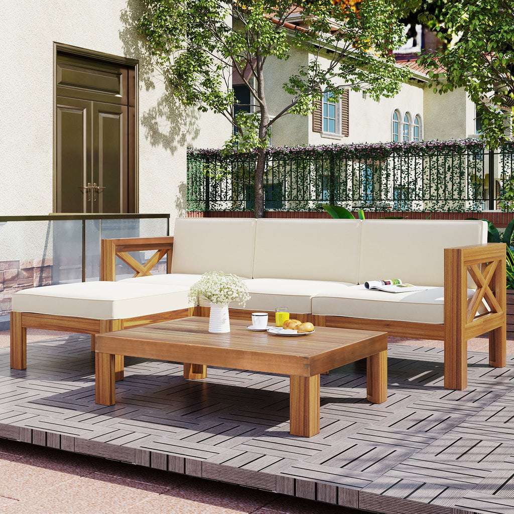 Outdoor Patio Sectional Set Acacia Wood Natural Beige Cushions 5 Piece