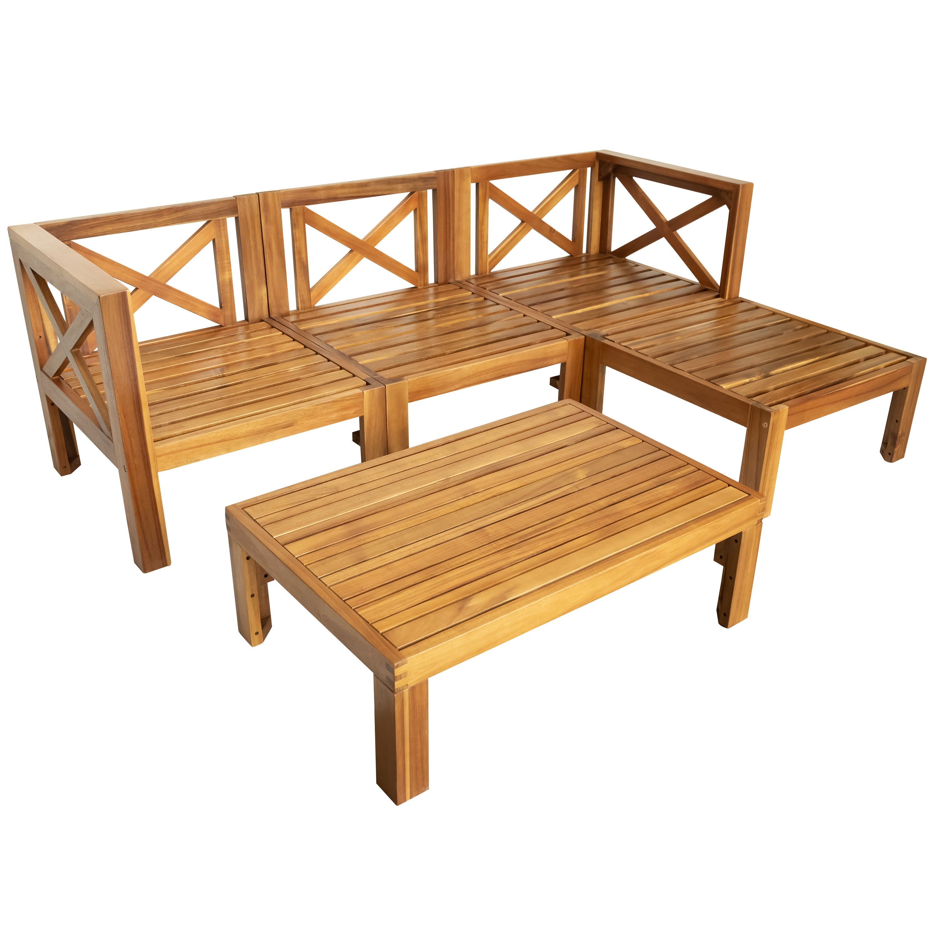 Outdoor Patio Sectional Set Acacia Wood Natural Beige Cushions 5 Piece