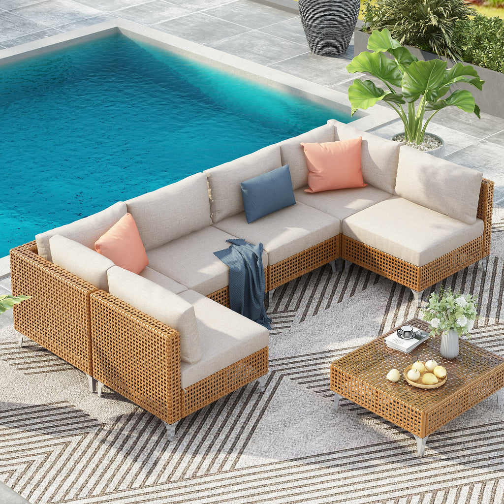 Outdoor Patio Sectional Set Rattan Metal Beige 7 Piece Tempered Glass
