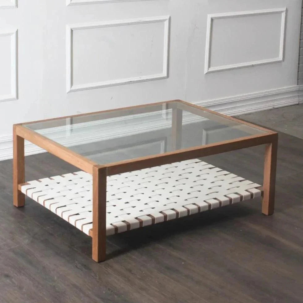 Glass & Leather Coffee Table Peyton Storage