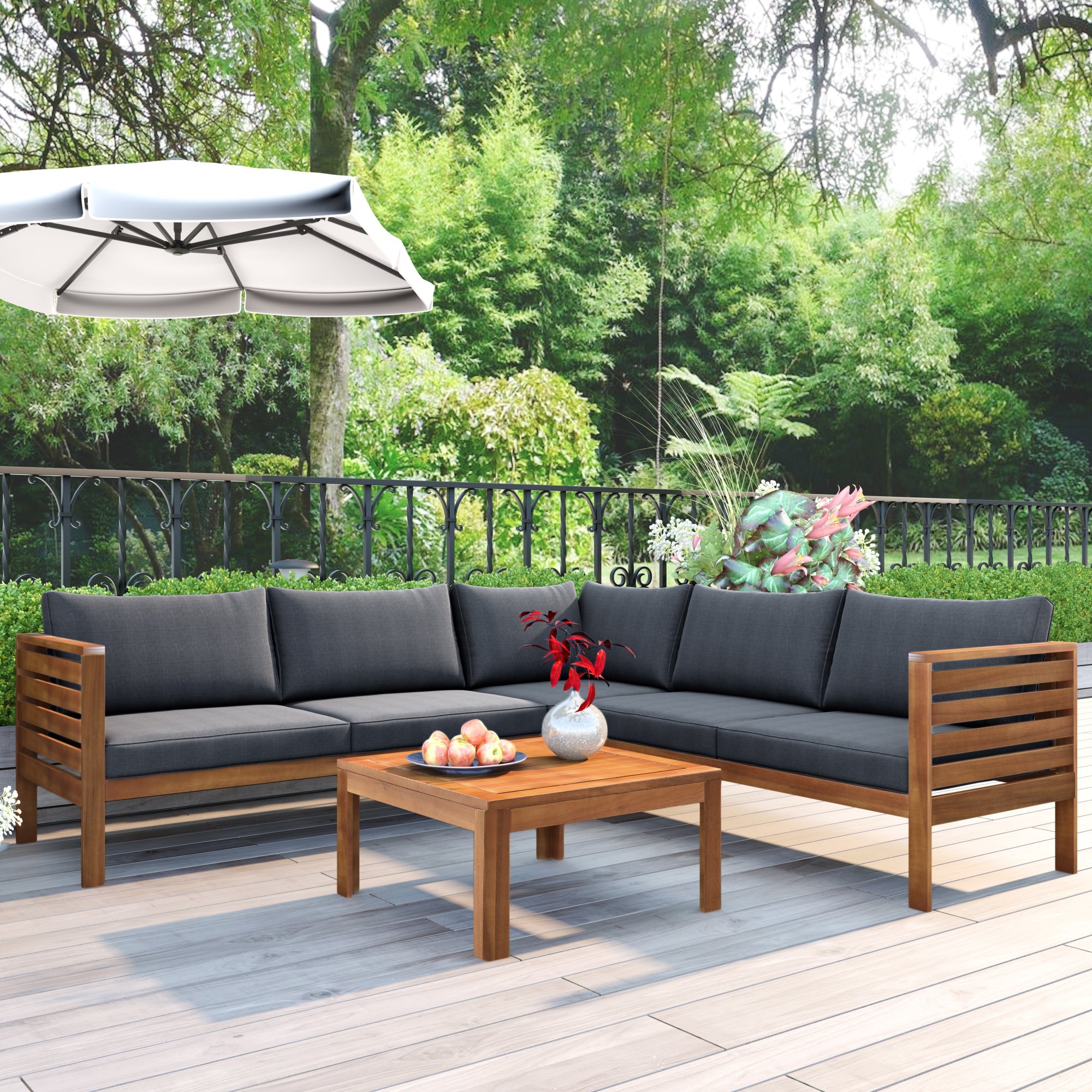 Outdoor Sofa Set Acacia Wood Gray Sectional Japanese Style Water-Resistant