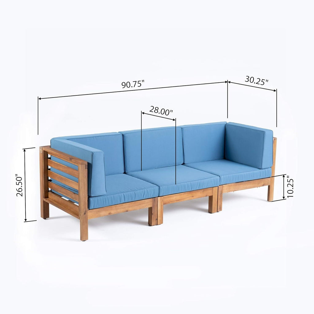Outdoor Sectional Sofa Set Acacia Wood Blue Cushions 3 Piece