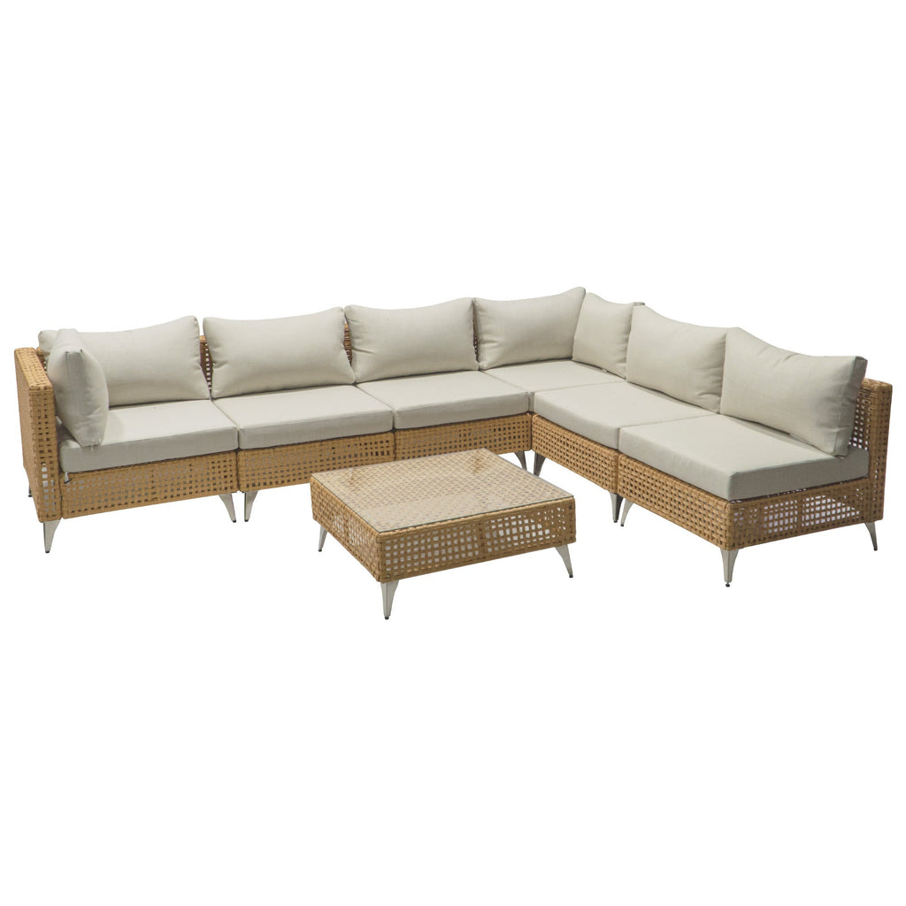 Outdoor Patio Sectional Set Rattan Metal Beige 7 Piece Tempered Glass
