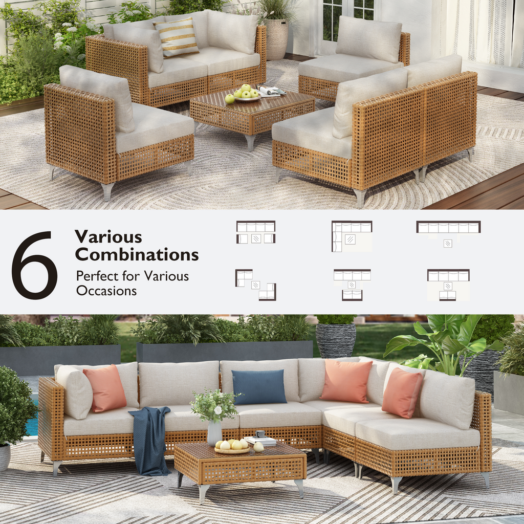 Outdoor Patio Sectional Set Rattan Metal Beige 7 Piece Tempered Glass