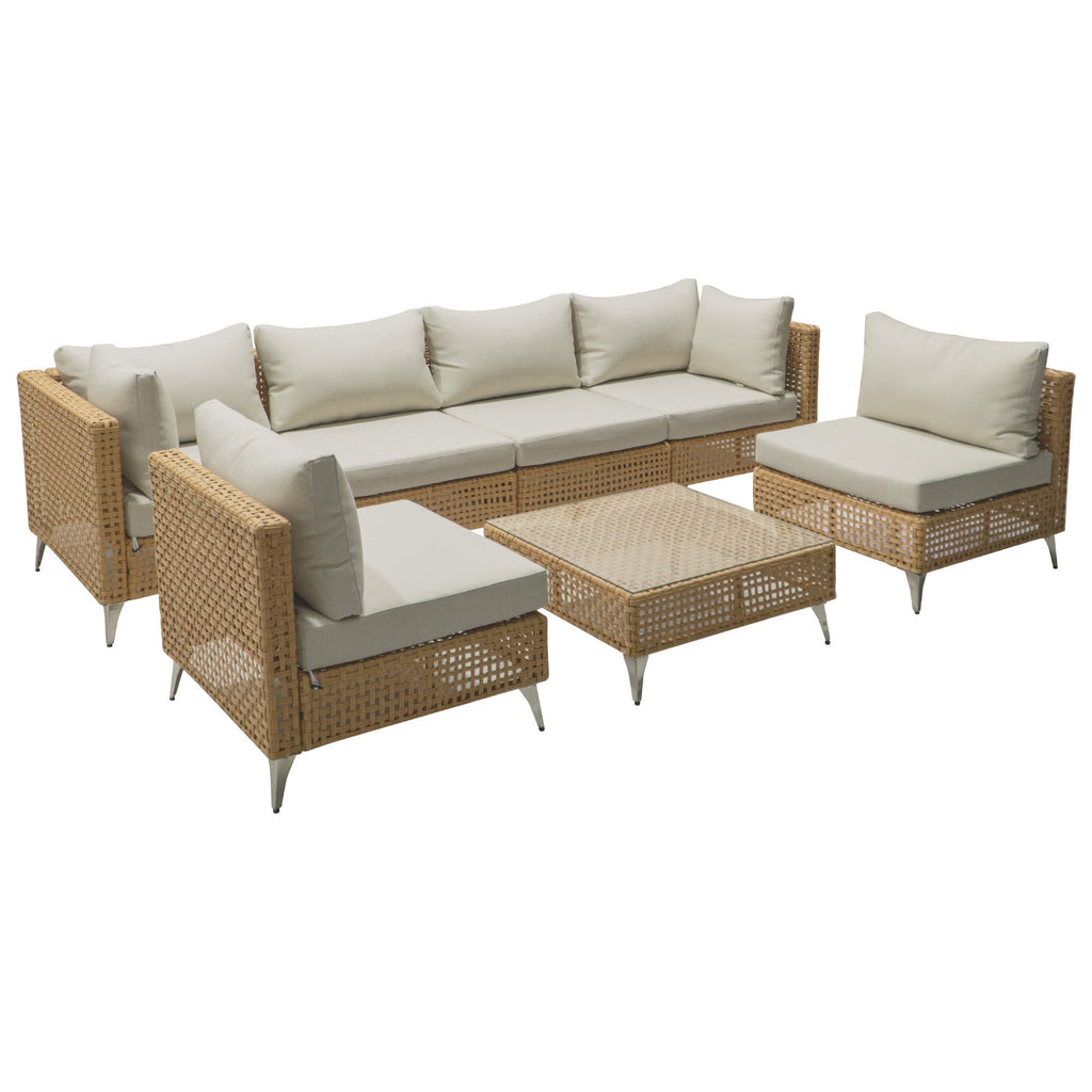 Outdoor Patio Sectional Set Rattan Metal Beige 7 Piece Tempered Glass
