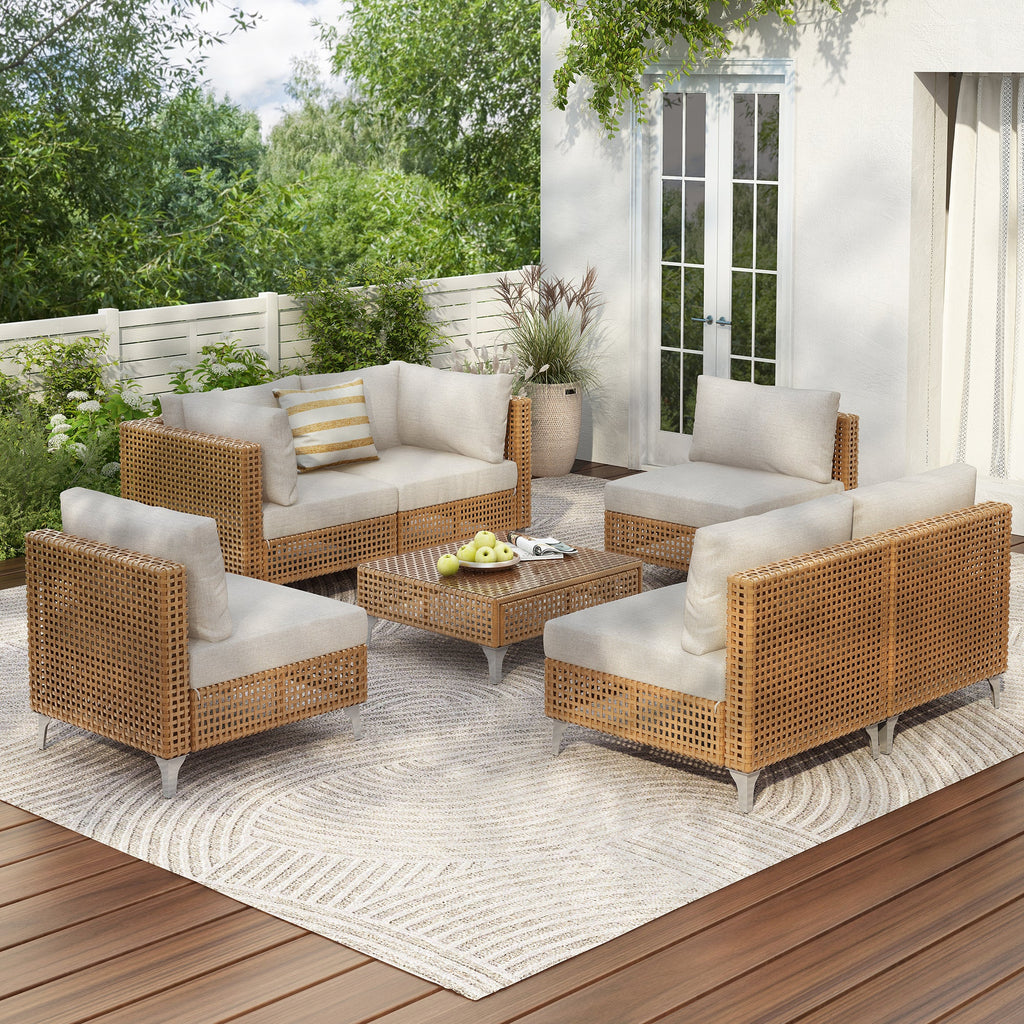 Outdoor Patio Sectional Set Rattan Metal Beige 7 Piece Tempered Glass