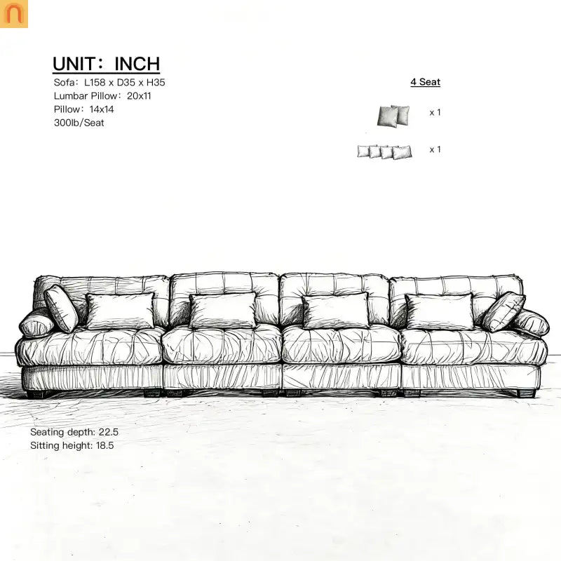 Sectional Sofa Cloud Modular Flannelette Beige 4 Seat 158 In 4 Pillows