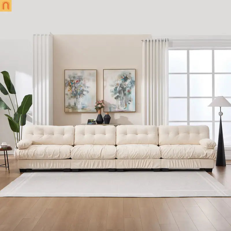 Sectional Sofa Cloud Modular Flannelette Beige 4 Seat 158 In 4 Pillows